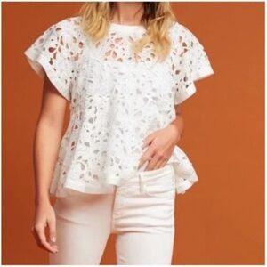 Anthropologie eri + ali White Flutter Sleeve Blouse with Boxy Embellished Design